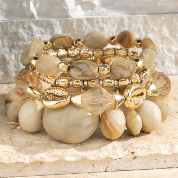 Barbados Multi Layered Mixed Glass Beaded Stretch Gold Tone Shell Bracelet Set - Picture 2 of 5